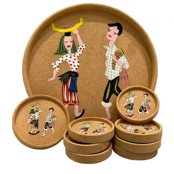 Mid-Century Hand-painted Portuguese Folk Cork Coaster Set - Picture 1 of 9